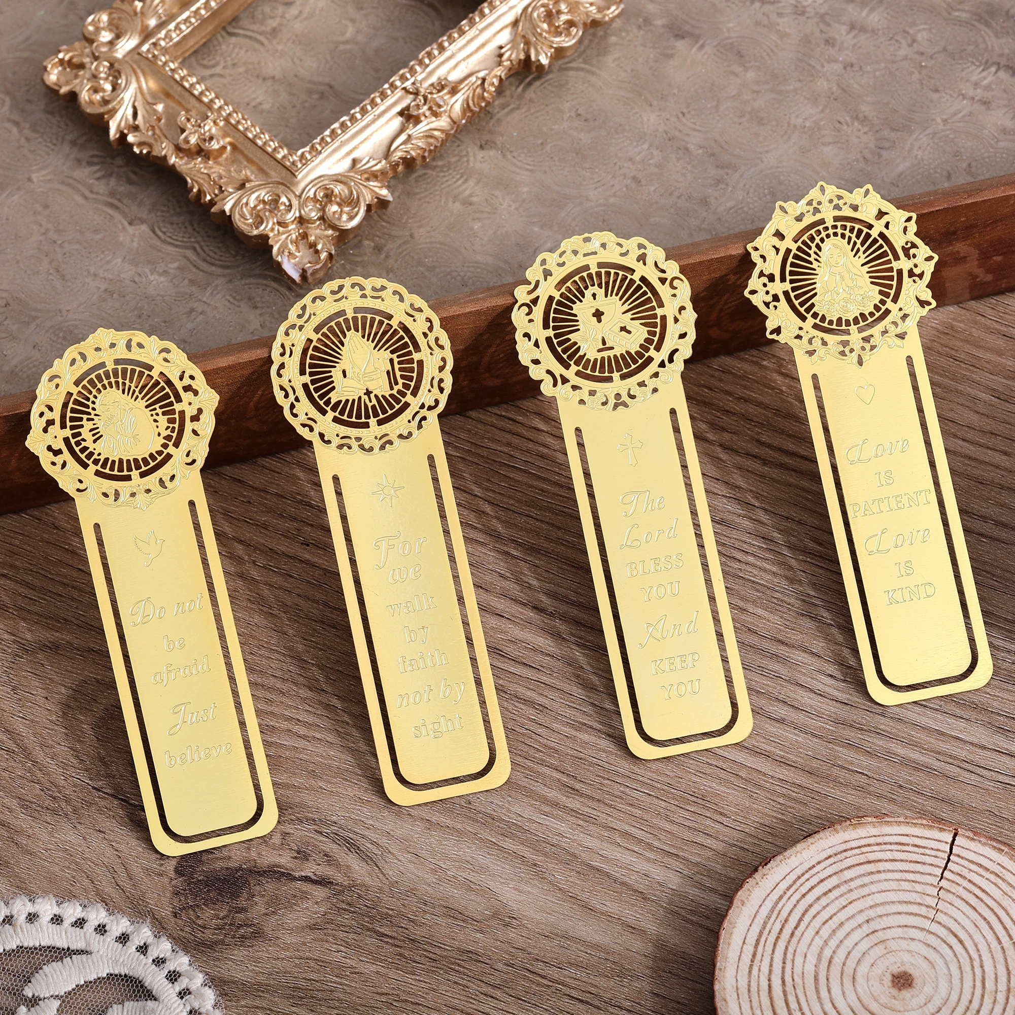 4Pcs Christian Bookmarks, Golden Metal Bible Verse Engraved Book Markers, Gifts for Bible Study