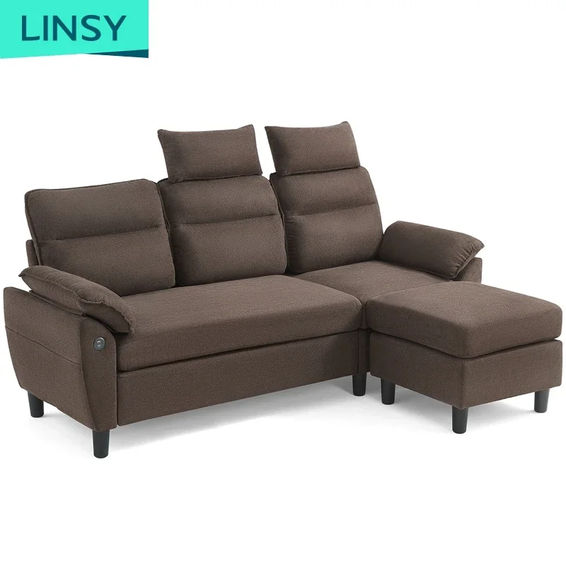 Linsy Brown Teal Reversible Sectional Couch L-Shaped 3-Seat Sofa With Usb Charging Lh012Sf1