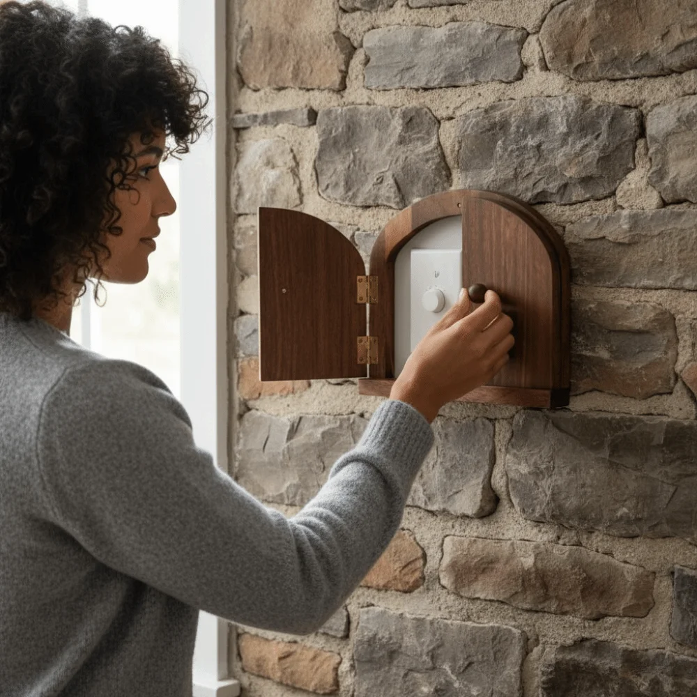 Double Door Design Solid Wood Switch Cover Rustic Style Door Shape Socket Decorative Frame Self adhesive Outlet Cover