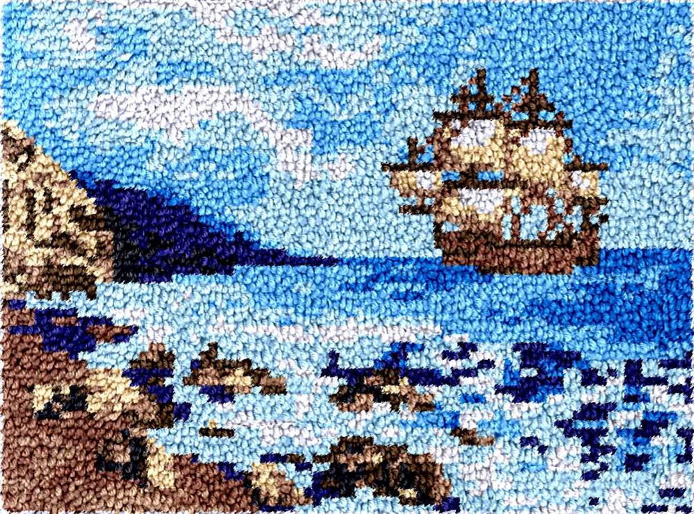 Embroidery Canvas Latch Hook Kits, DT2919 Maritime ships Unfinished Acrylic Yarn, Embroidery Cushion, Cross Stitch Carpet