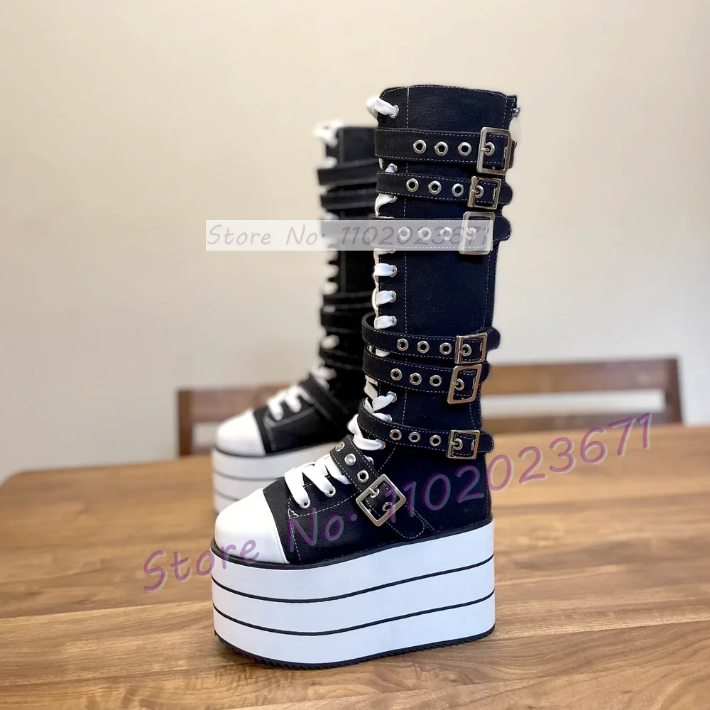 Striped Platform Long Canvas Shoes Women Trendy Metal Belt Buckle Round Toe Cool Shoes Girl\'s Black Lolita Cross Tied Tall Boots