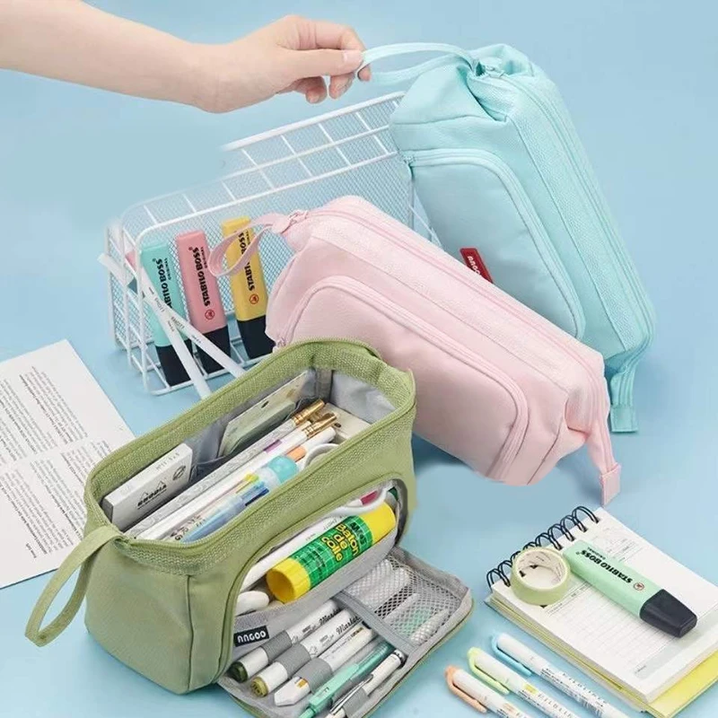 Cute Pencil Case Special Macaron Color Side Window Canvas Big Pencil Pouch Pen Box Storage Bag Student School Stationery