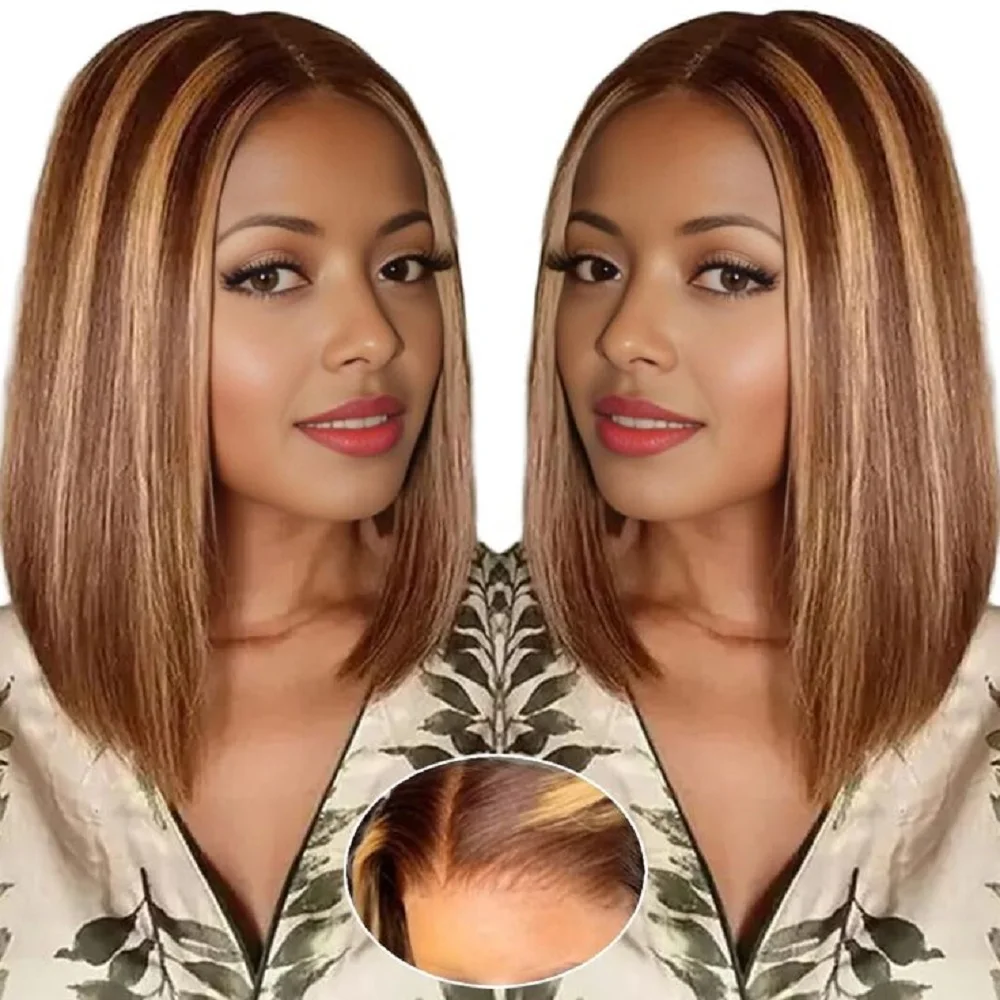 

14 Inch Highlight Bob Wig Human Hair 4/27 Pre Cut Lace Straight Ombre Bob Wigs Human Hair Pre Plucked 6x4 Transparent Lace Wig