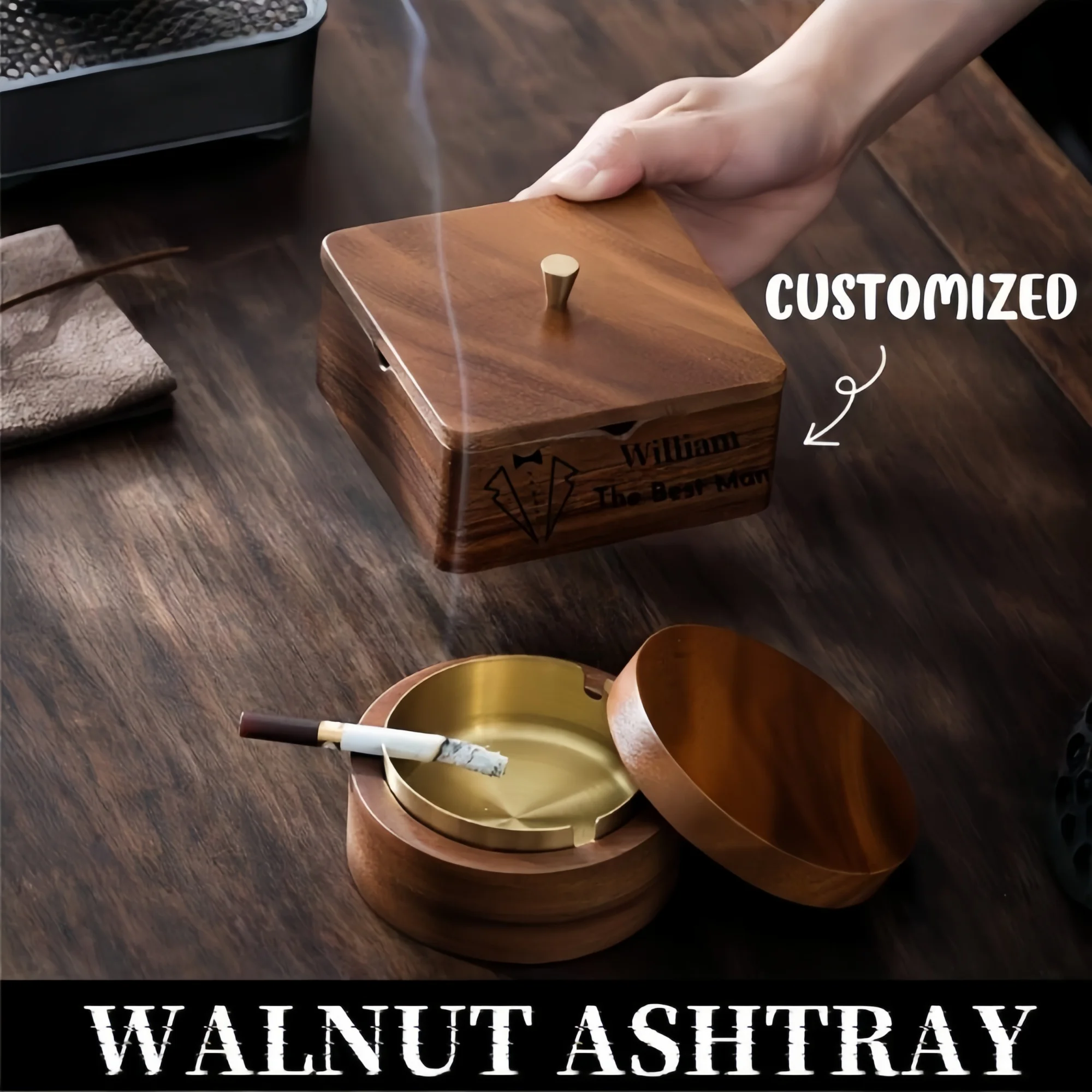 

Handmade Customized Walnut Wood Vintage Ashtray With Lid, Groomsmen Gift, Perfect Present For Dad And Boyfriend