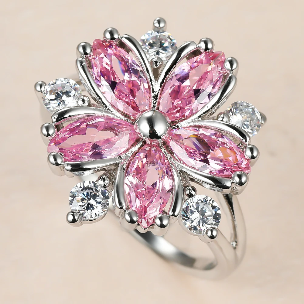 Śliczny kobiecy różowy kryształowy kamień Pierścionek z zawieszką w kolorze srebrnym Cienkie obrączki ślubne dla kobiet Dainty Bride Flower Zircon Pierścionek zaręczynowy — zdjęcie 3