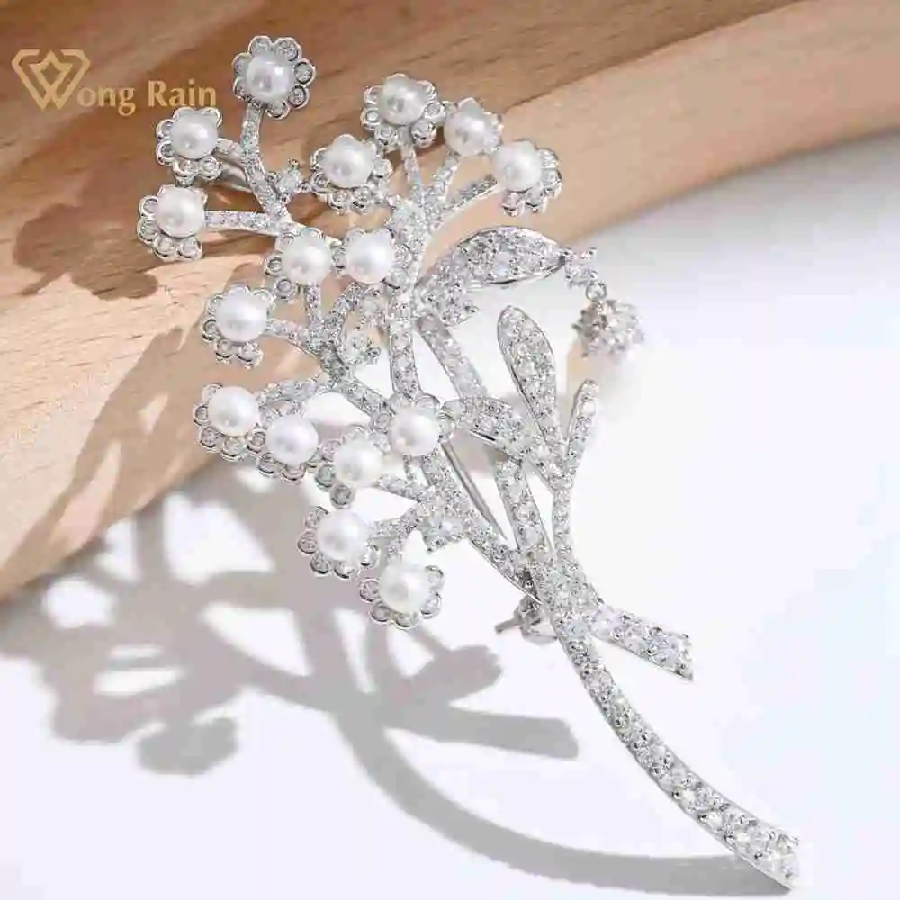 Wong Rain Vintage 925 Sterling Sliver Freshwater Pearl White Sapphire Diamond Flowers Brooches Engagement Fine Jewelry Wholesale