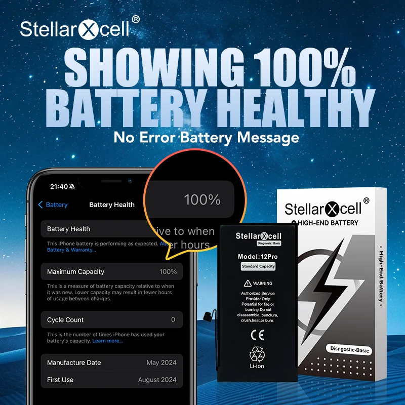 بطارية أساسية تشخيصية من StellarXcell لجهاز iP12 13 14 15 Mini Pro Plus Max متوافقة مع رسالة بدون خطأ أداة صحية مجانية 100%