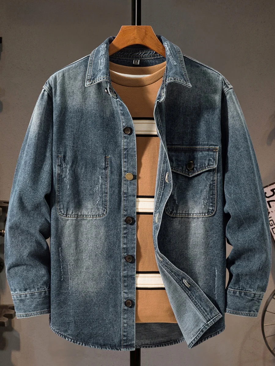 

Весенне-осенняя джинсовая рубашка с длинным рукавом для мужчин, в американском ретро-стиле, повседневная, модная, молодежная, для активного отдыха, рабочая одежда