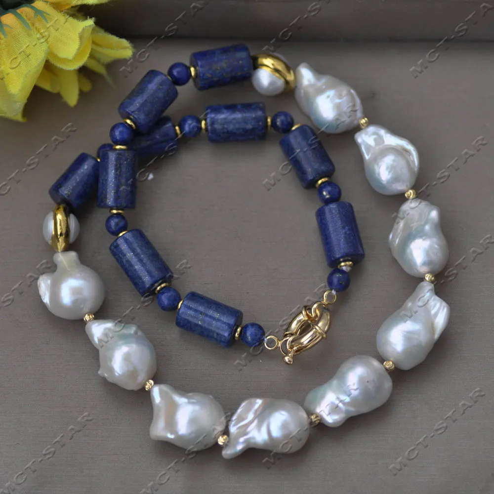 Z13930 18" 18mm White Baroque Keshi Reborn Pearl Blue Cylinder Lapis Lazuli Necklace Custom Jewelry
