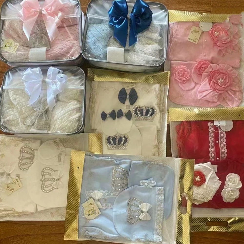 Dollbling Welcome Home Baby Blanket Gift 4Pcs Jewelry Name Infant Cotton Clothes Princess Mitten Bonnet Bibs Romper Set