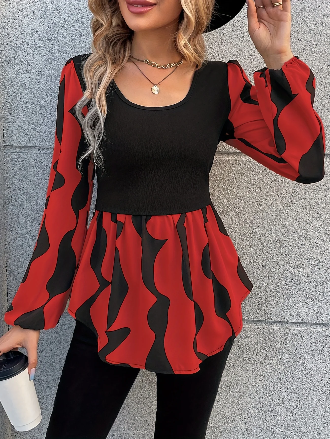 Women Red Black Wave Print Long Sleeve Blouse Round Neck Peplum Waist Casual Party Top Standard Size