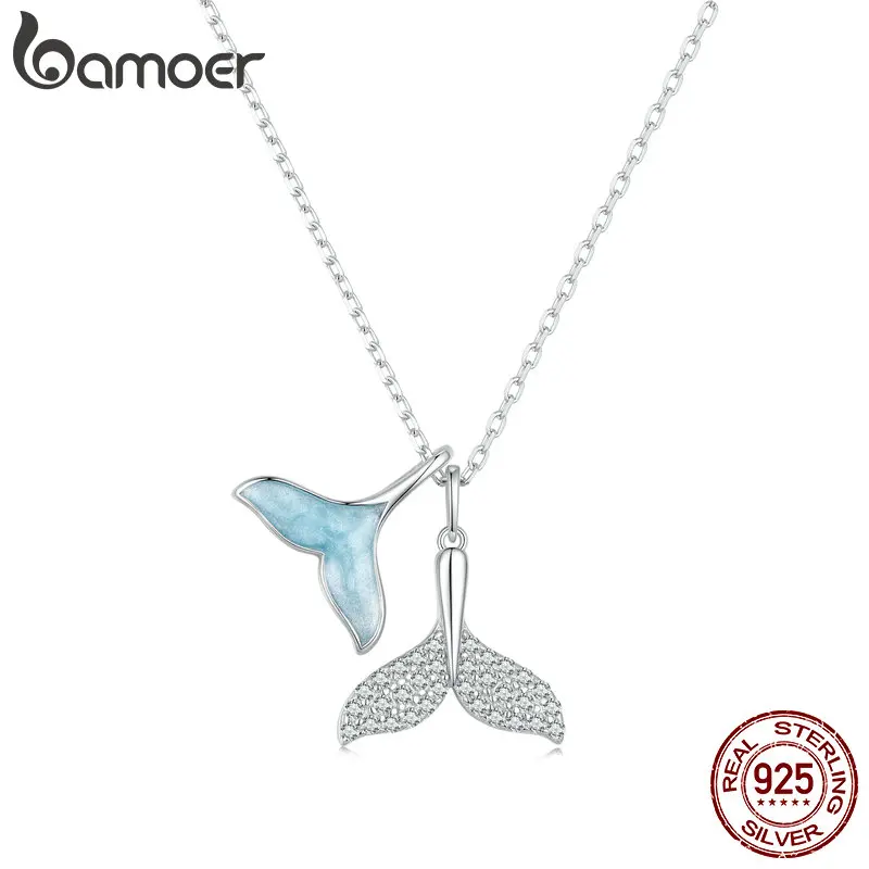 Bamoer 925 Sterling Silver Sky Blue Enamel Whale Tail Pendant Necklace Double Fish Tail Neck Chain for Women Fine Jewelry BSN294