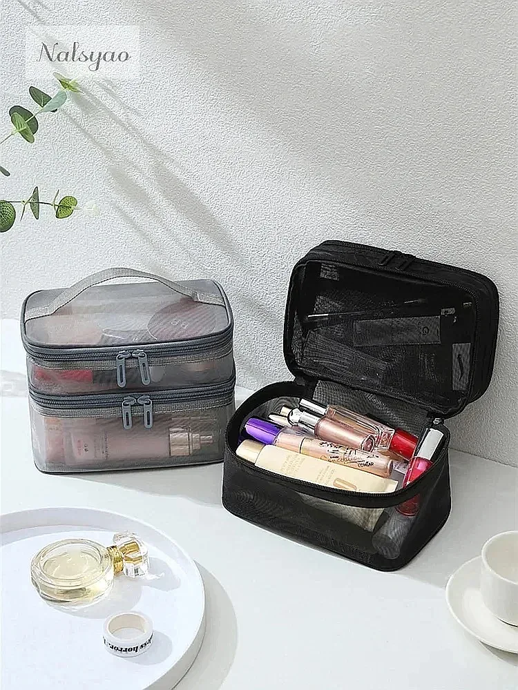 Double-Layer Handheld Mesh Storage Bag Dual Openings Large Capacity Soft Material Deformation Resistant Transparent Visible