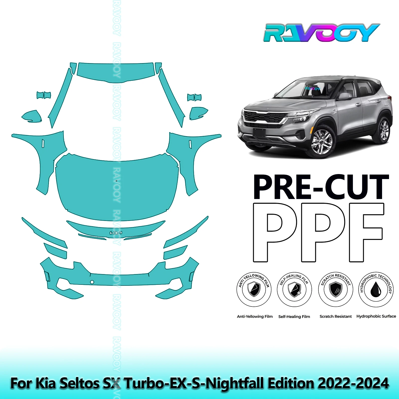 

Передний комплект 8,5 мил, предварительно вырезанная защитная пленка для краски, прозрачный бюстгальтер PPF для Kia Seltos SX Turbo-EX-S-Nightfall Edition 2022-2024