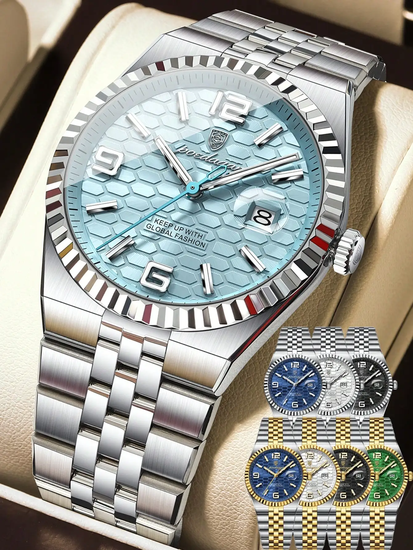 

Мужские кварцевые часы из нержавеющей стали с текстурированным циферблатом, светящимися стрелками, окошком для даты, подходят для повседневной и деловой носки