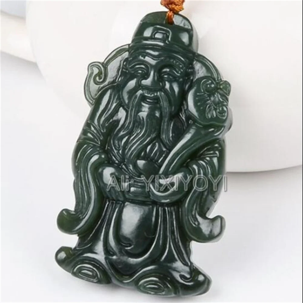 Natural Green HeTian Jade Carved Chinese God of Wealth Amulet Lucky Pendant Necklace for Man Woman Charm Fine Jewelry Gift