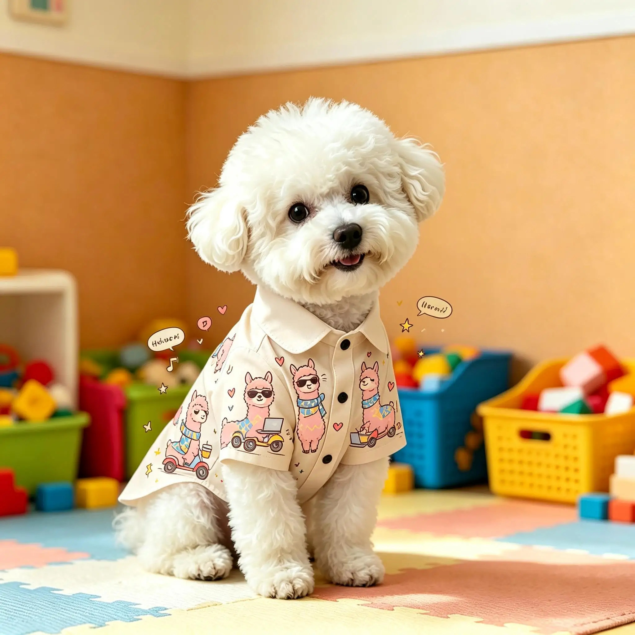 Pet Dog Shirt Beige Cartoon Alpaca Print Breathable Button Up for Small Medium Dogs Cute Animal Theme Daily Wear