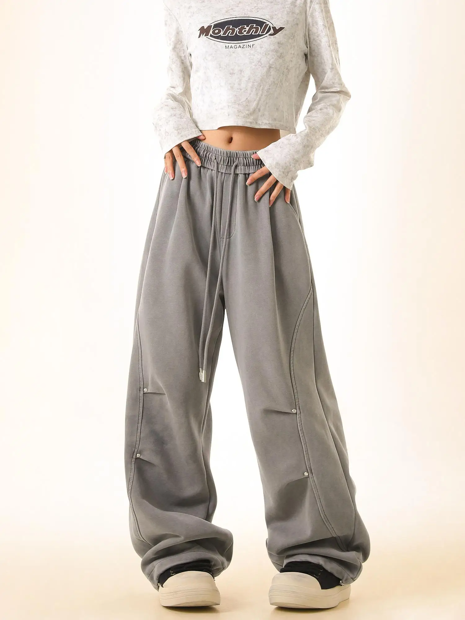 

Широкие повседневные брюки PEAC унисекс, прямые, струящиеся, длинные, в американском стиле, с отворотами, уличный дизайн, с завышенной талией