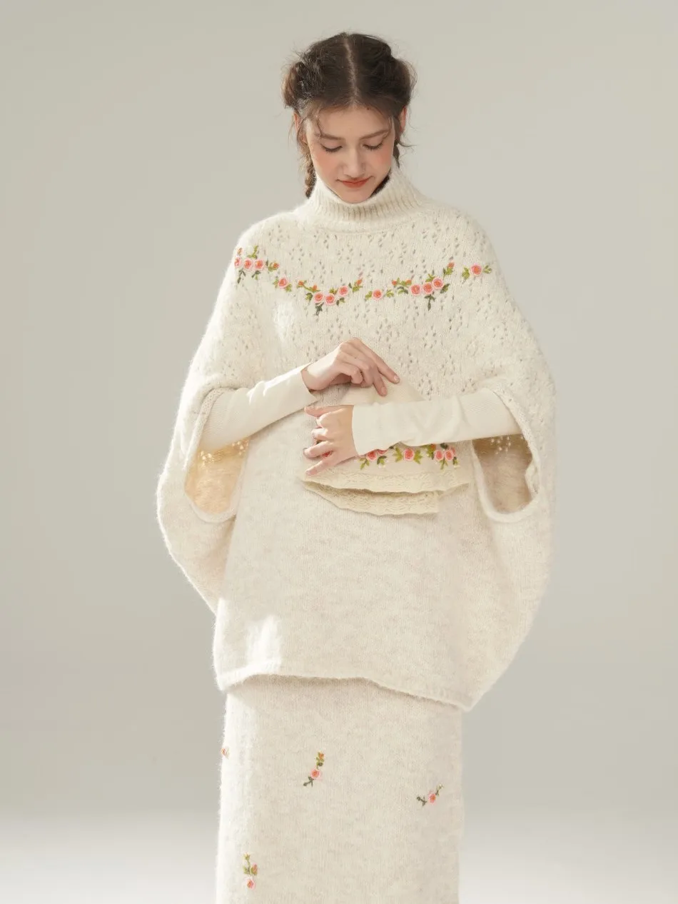 

Комплект из вязаной шерстяной юбки и топа с ручной вышивкой розами, женский модный весенний повседневный костюм-двойка во французском стиле с воротником-стойкой