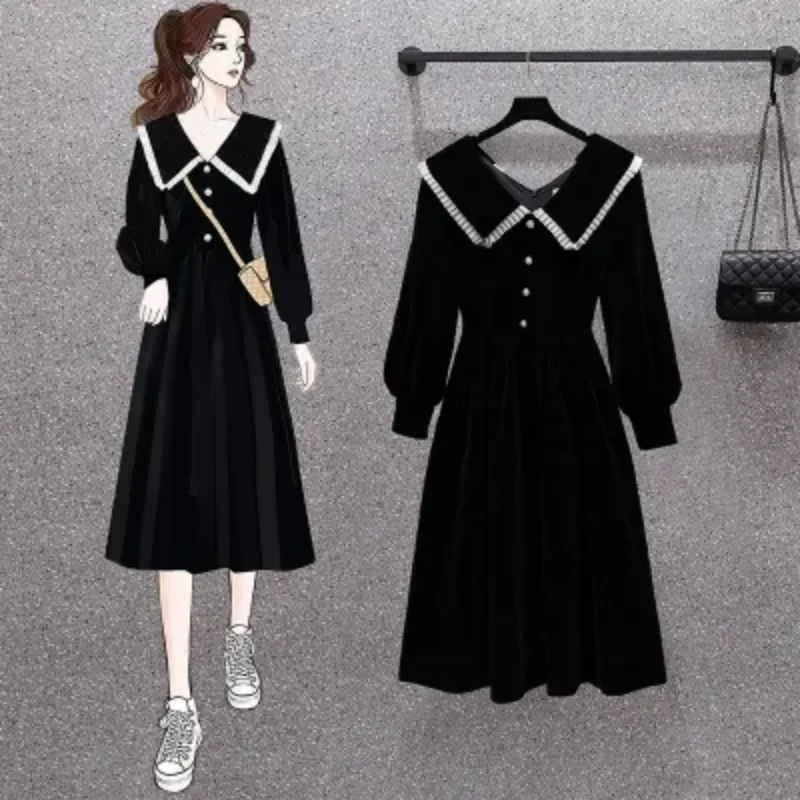 

Spring and Autumn 2024 Doll Collar Mini Black Skirt Large Size Women's Waist Slimming Senior Sense Dress