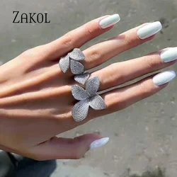 ZAKOL Trendy Micro Pave Cubic Zirconia Flower Open Rings for Women Personality Party Jewelry 2023 New