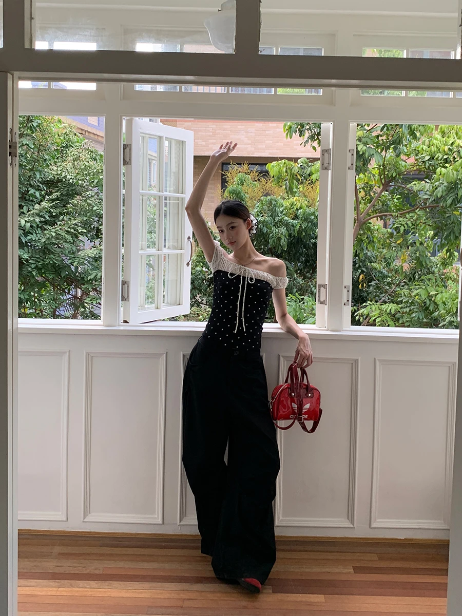 Bla Polka Dot ort Sve T-Shirt Damen Sommer New Sle Slim Fit Oulder Bared One Oulder Top Pendeln Sle Baumwolle B...