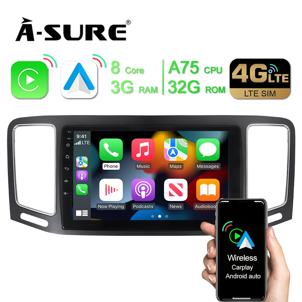 

A-SURE 2 Din 9 дюймов Android 12 автомобильное радио, беспроводная CarPlay GPS-навигация для VW Sharan, Seat Alhambra 4-Core 3 + 32 ГБ DSP WIFI