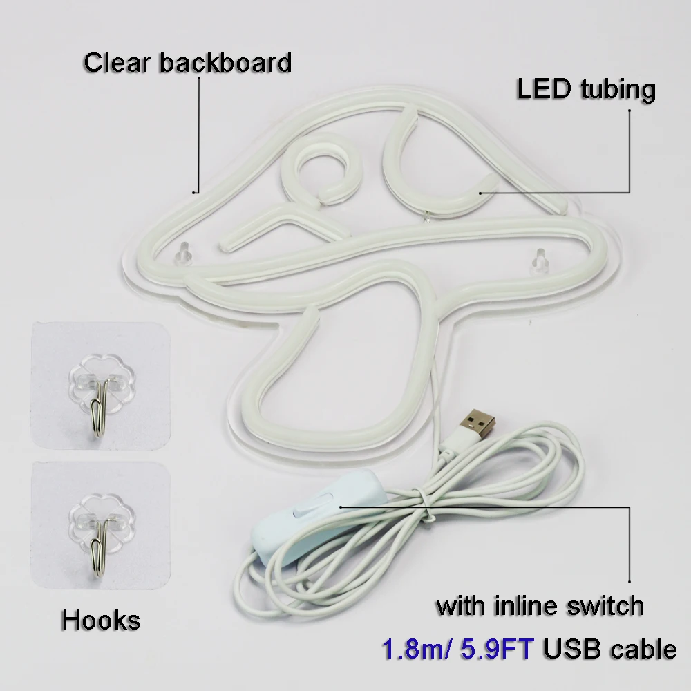 Chi-buy LED Neon Mushroom USB Powered Neon Signs Night Light 3D Wall Art & Game Room Bedroom Living Room Decor Lamp Signs