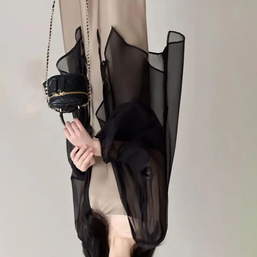 女性夏シフォン日焼け止めカーディガン-v-ネックランタン長袖シフォントップシースルーレースアップ不規則な裾ショールコート