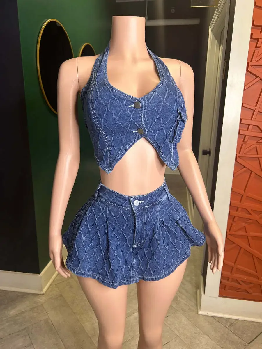 Women\'s New Summer Fashion Slim-fit Halter Sleeveless Backless Two-button Short Top+Shorts Wash Water Stretch Casual Denim Suit