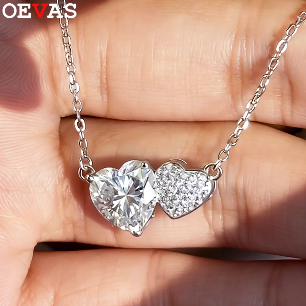 

OEVAS Full Moissanite Pendant Necklace For Women S925 Sterling Silver Double Heart Lab Diamond Wedding Fine Daily Jewelry Gifts