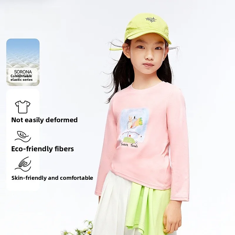 Annil Kids Long Sleeve Knitted Printed round Neck Comfortable Elasticated T-Shirt for Girls Autumn New Style Cotton Polyester...