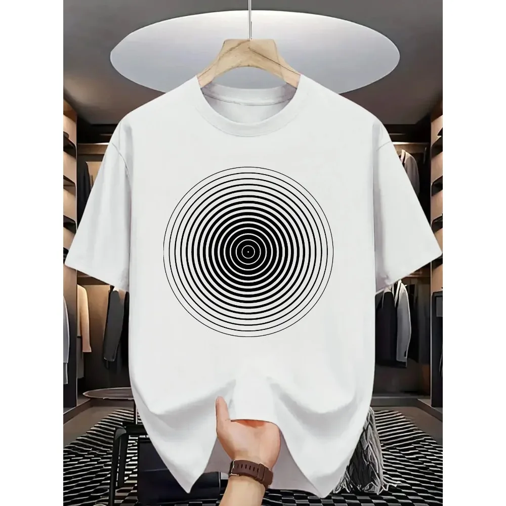 Optical Illusion Concentric Circles Graphic Men T-Shirt Minimal Geometric Casual Streetwear Tee