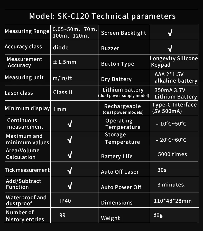 

SNAKOL SK-120 Laser Distance Meter, 50/70/100/120m High Precision Rangefinder, IP54 Waterproof Digital Measuring Tool