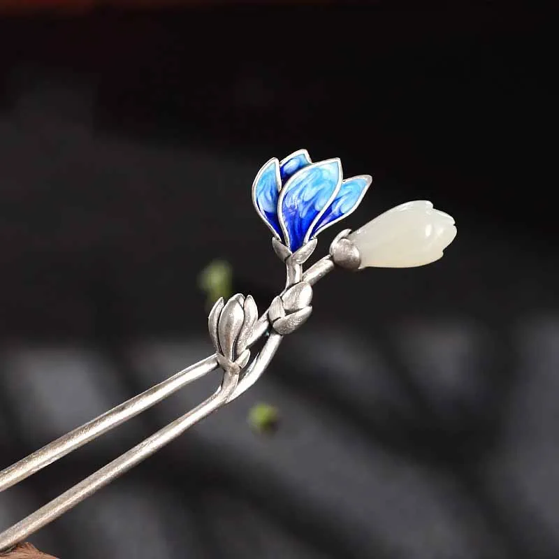 Original vintage silver inlaid natural Hetian jade enamel porcelain orchid hair accessories ethnic style charm hanfu accessories