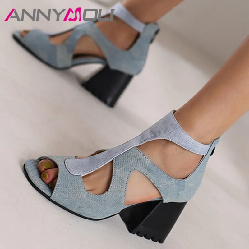 

Сандалии ANNYMOLI женские на высоком толстом каблуке, Босоножки с открытым носком, на молнии, модная летняя обувь, цвет черный, желтый, синий, красный, Леопардовый, 33-46