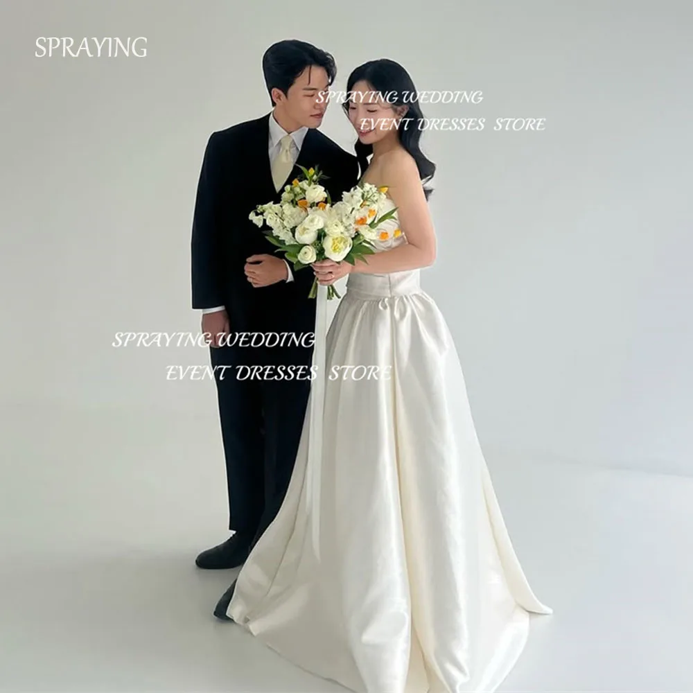 

SPRAYING ivory Sweetheart Pleat Wedding Korea Photo Shoot Dress 웨딩드레스 Simple Satin Floor Length Bridal Gowns Corset Customized
