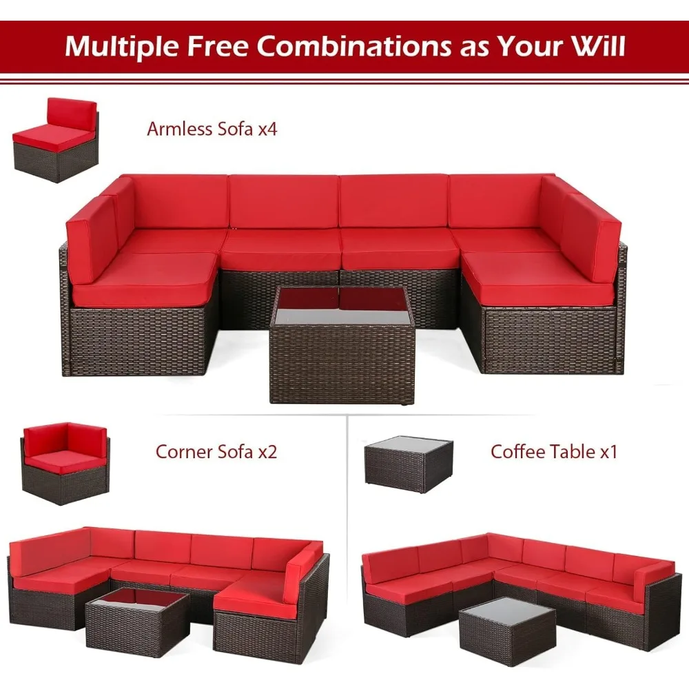 

Outdoor Sectional Furniture Chair Set with Cushions and Coffee Table,Patio PE Rattan Wicker Sofa, 7 Piece