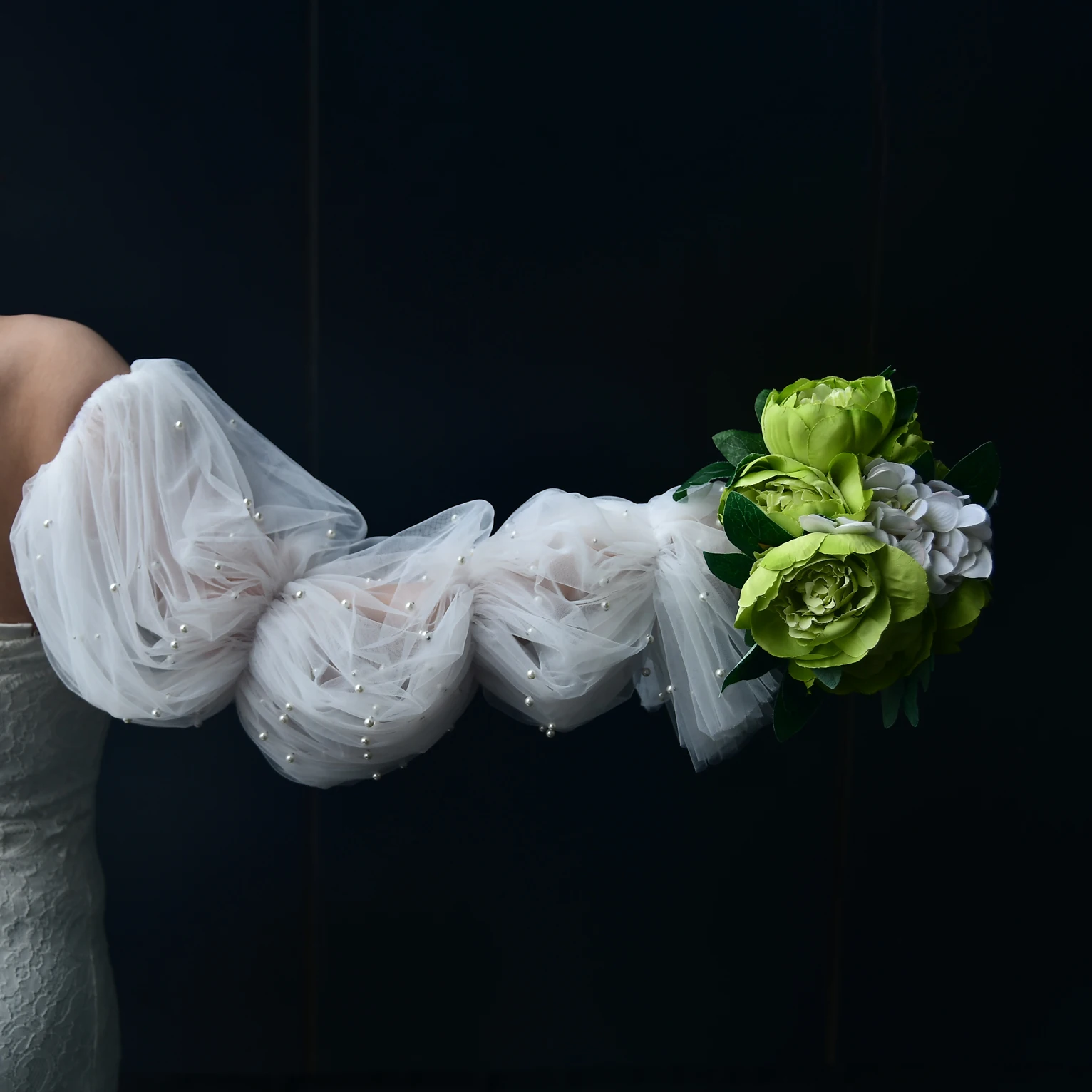 حجاب الزفاف بأكمام منتفخة قفازات زفاف مرصعة باللؤلؤ أبيض عاجي إكسسوارات الزفاف مناسبة لاستقبال الزفاف GM28 #3