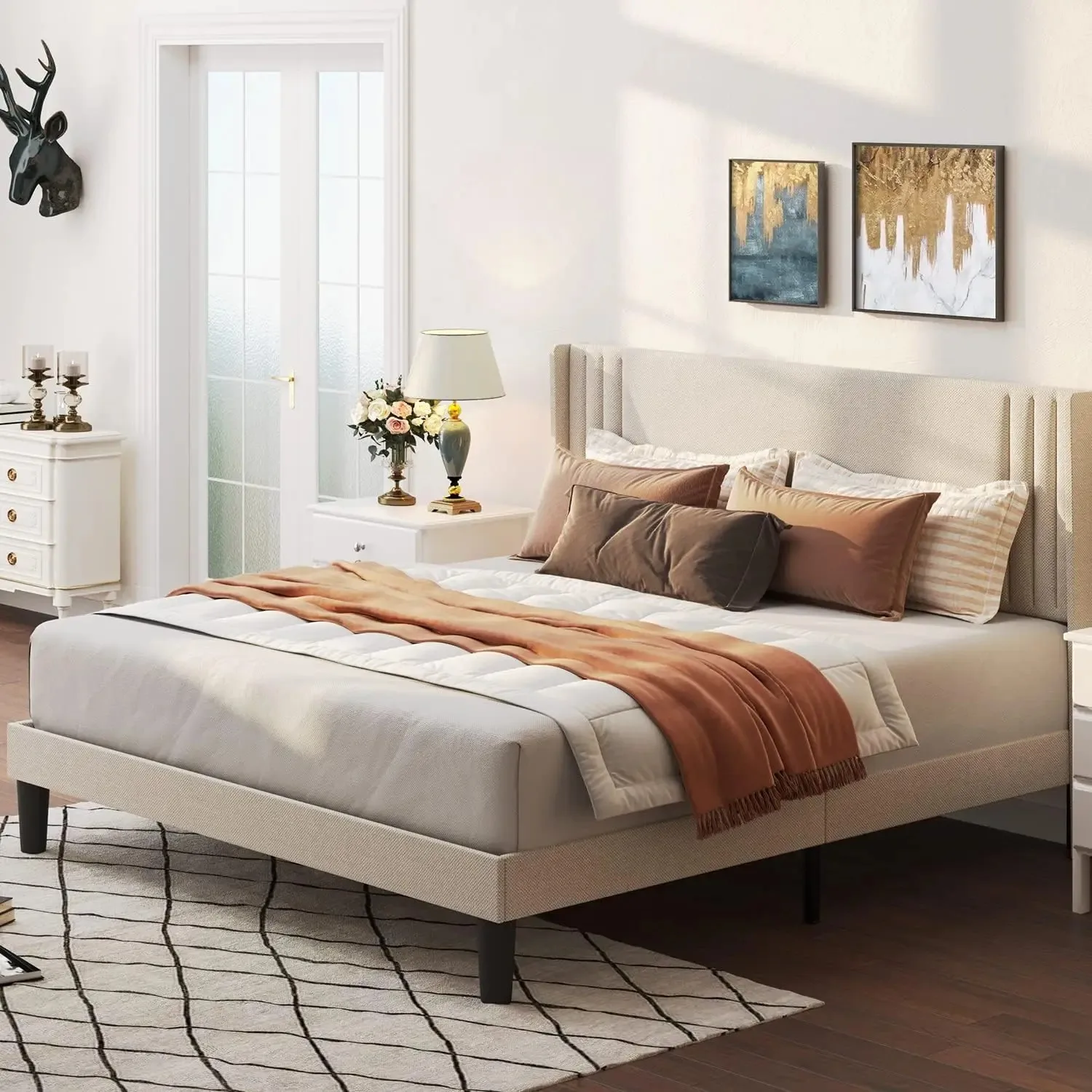 

Queen Bed Frame with Wingback Headboard, Upholstered Platform Bed with Modern Geometric Headboard, Wooden Slats