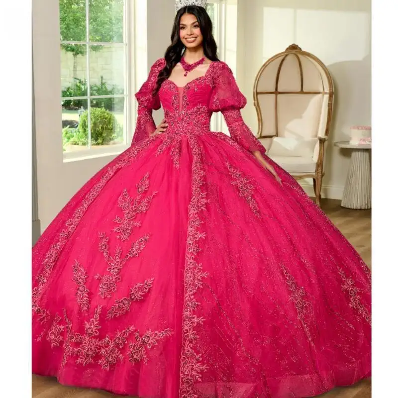 Fuchsia Quinceanera Dress Ball Gown Puffy Long Sleeve Lace Applique Sequins Beaded Bow Sweet 16 Vestido De 15 Anos