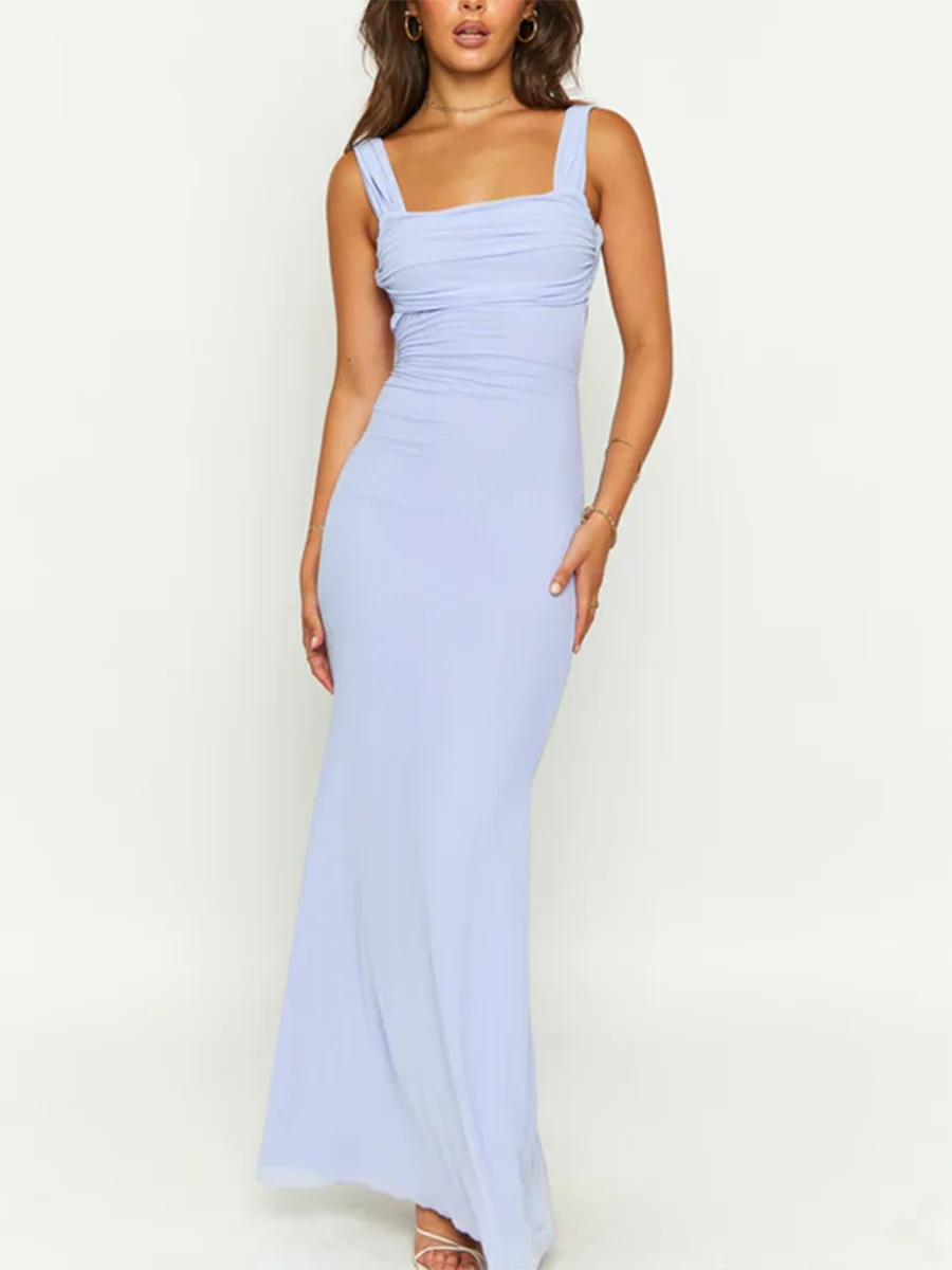 女性用スクエアネックプリーツタイバック付きタイトドレス,キャミソール付きエレガントなロングパーティードレス,外出用ベーシック