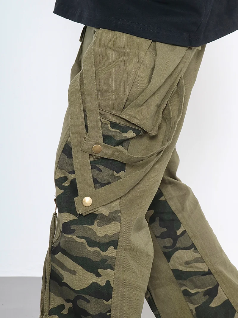 Men Patchwork Camouflage Cargo Pants Streetwear Side Pockets Harajuku Joggers Unisex Hip Hop Baggy Loose Straight Flare Trousers