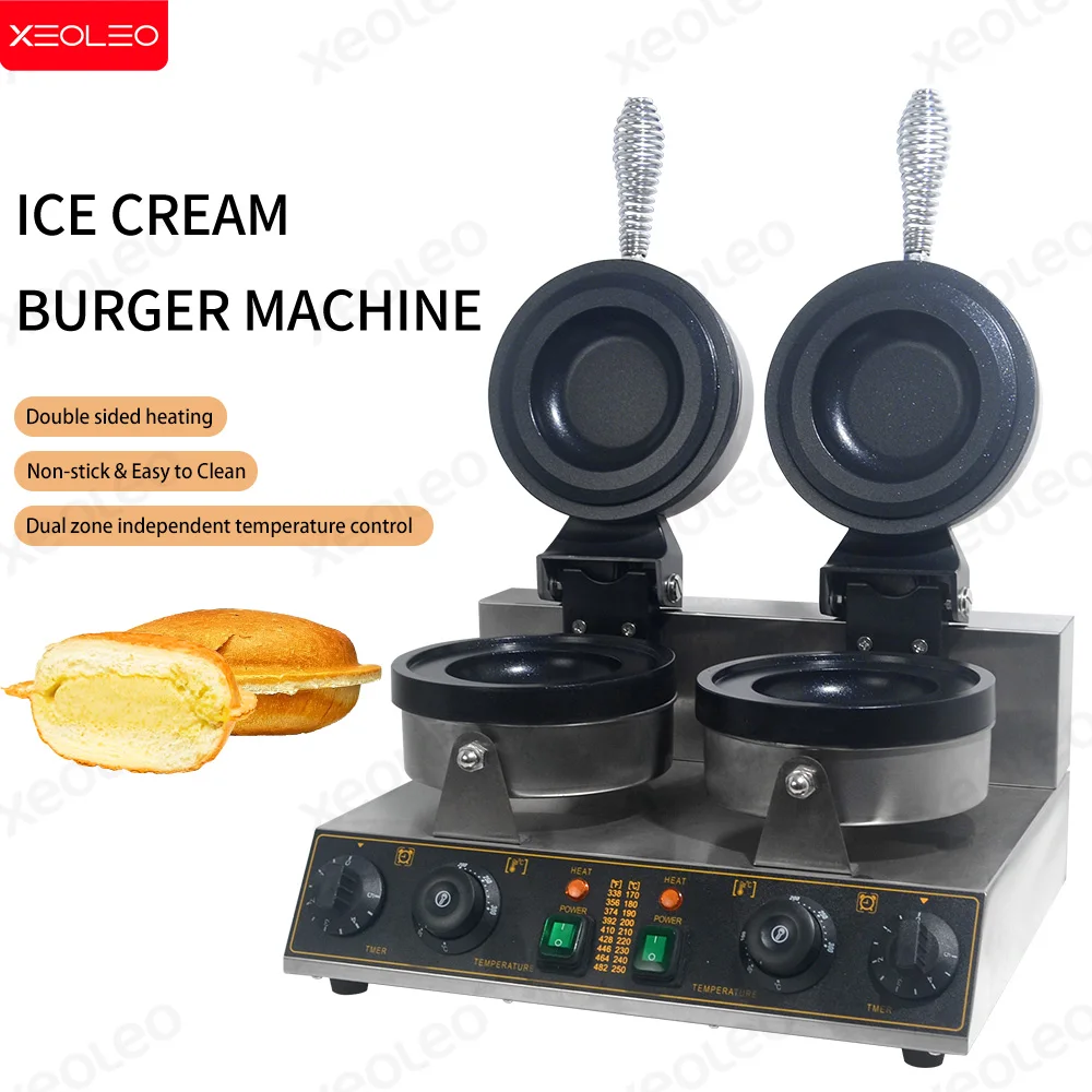 

XEOLEO Double Head UFO Burger Machine Non-Rotating Gelato Panini Press UFO Hamburger 1200W+1200W Ice Cream Waffles Burger Maker