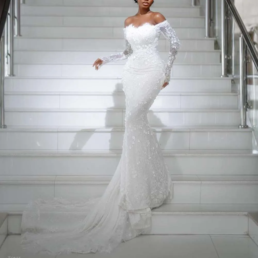 فستان زفاف حورية البحر من الدانتيل مخصص بأكمام طويلة قبالة الكتف فستان زفاف مزين بالزهور ذيل شابيل رداء de mariage #2