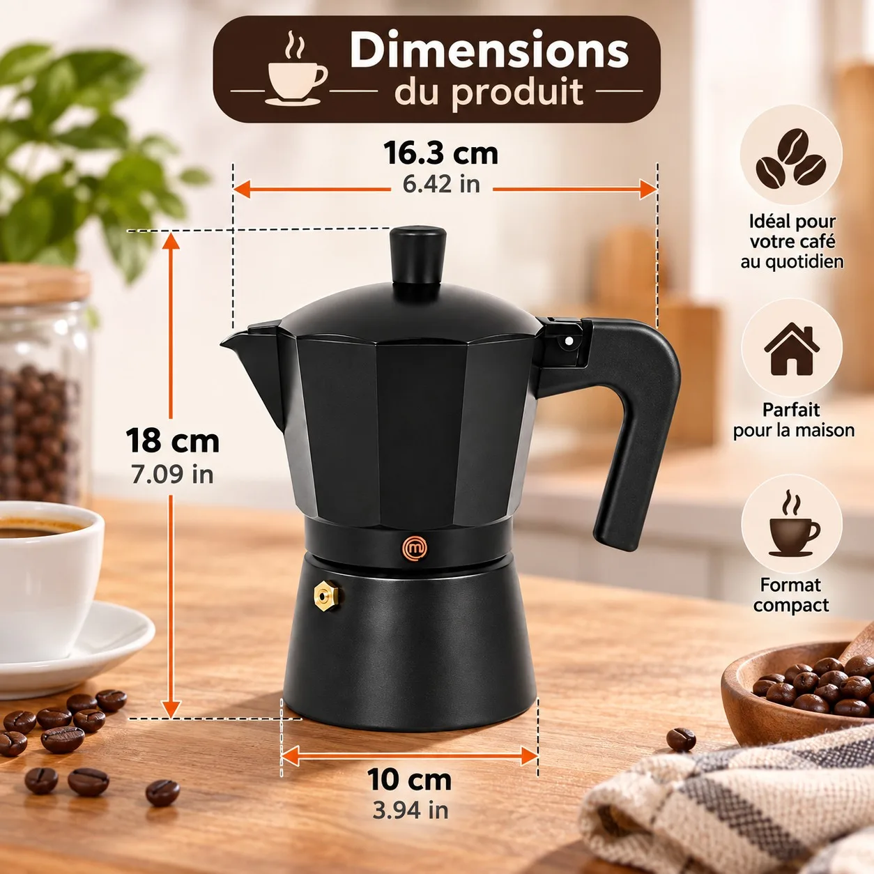 Cafetera italiana Moka para 6 tazas, de metal y aluminio, de diseño tradicional, ideal para preparar café espresso en todo tipo de estufas. Dimensiones: 16,3 x 10 x 18 cm.
