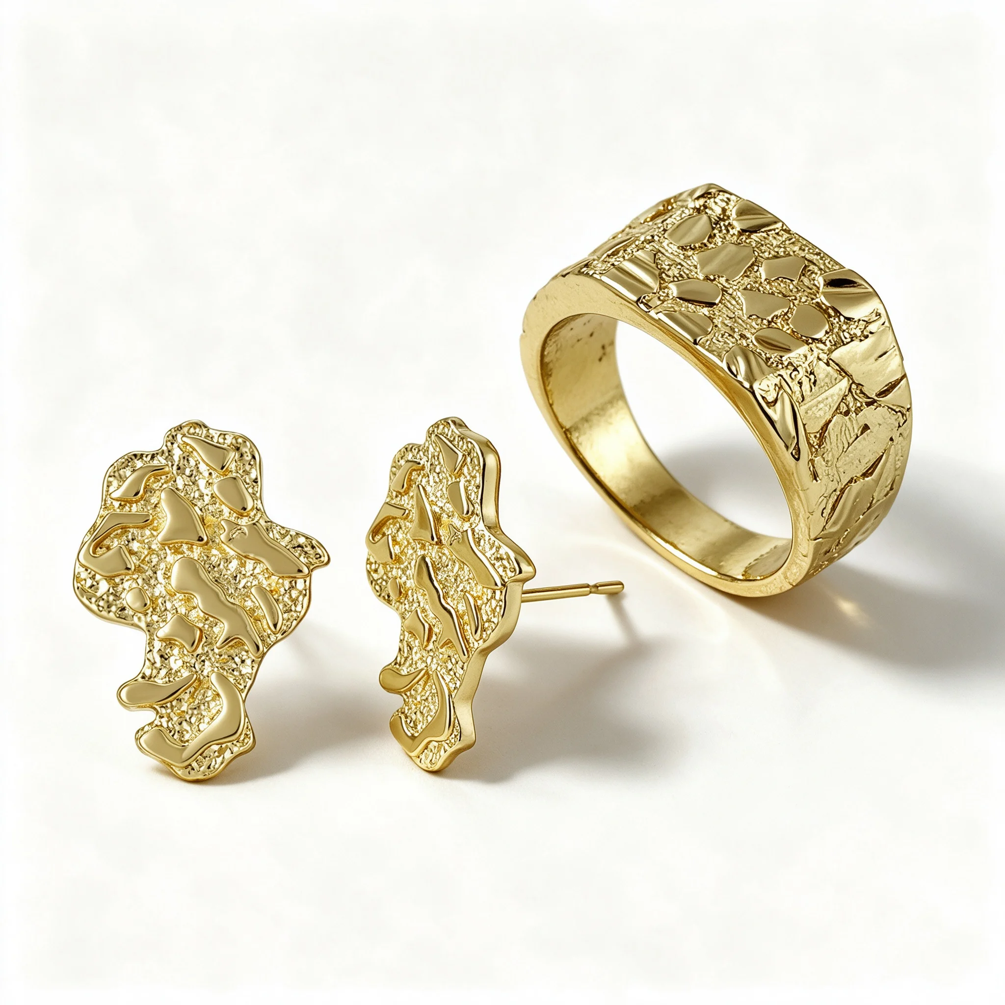 Unisex Africa Map Design Nugget Earrings And Ring Set Hip Hop Rap Style 14K Gold Plated Dancing And Singing Theme Jewelry for Me