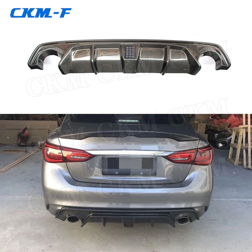 

For Infiniti Q50 Carbon Fiber Add on Car Rear Bumper Diffuser lip Spoiler with Lamp Bumper Sedan 4 Door 2018 2019 Car Styling