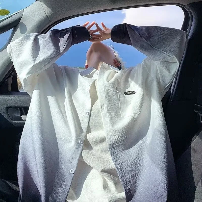 Męska koszula o luźnym kroju, długa, tie-dye, adient irt, plus size, modna, oversize, casualowa, uniwersalna, z włókna poliestrowego, zapewniająca uczucie chłodu.