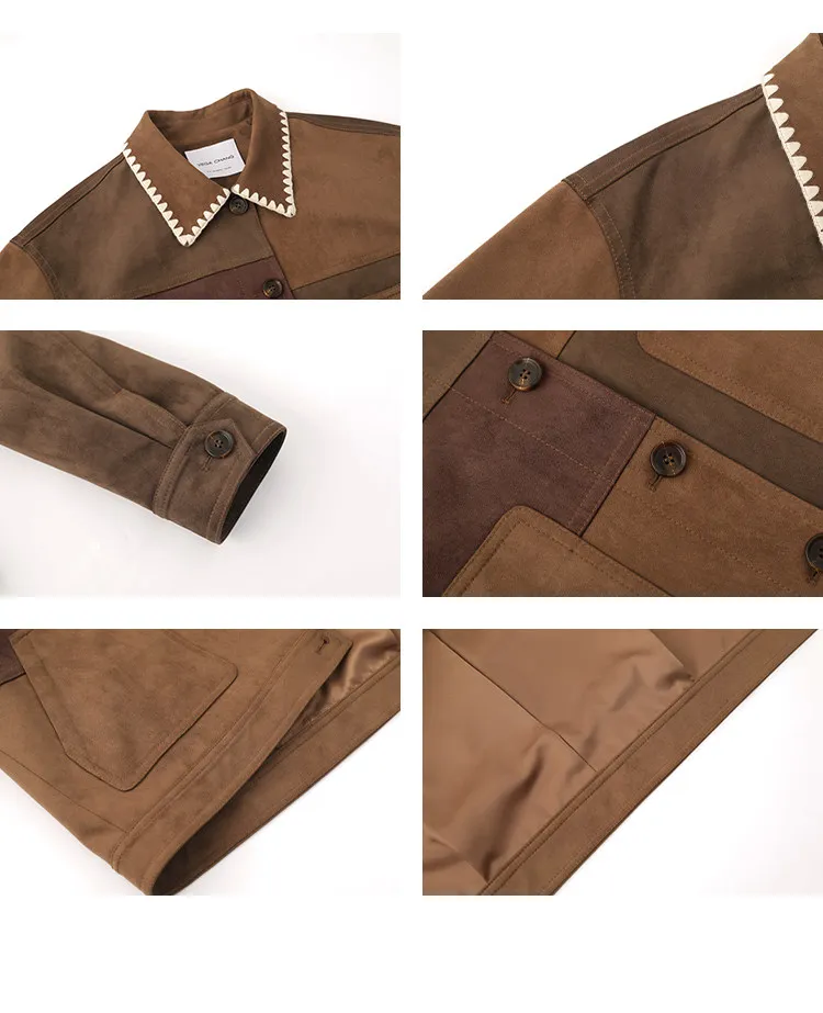 Vega Chang Spring and Autumn New Women's Patchwork Faux Suede Versatile Short Jacket